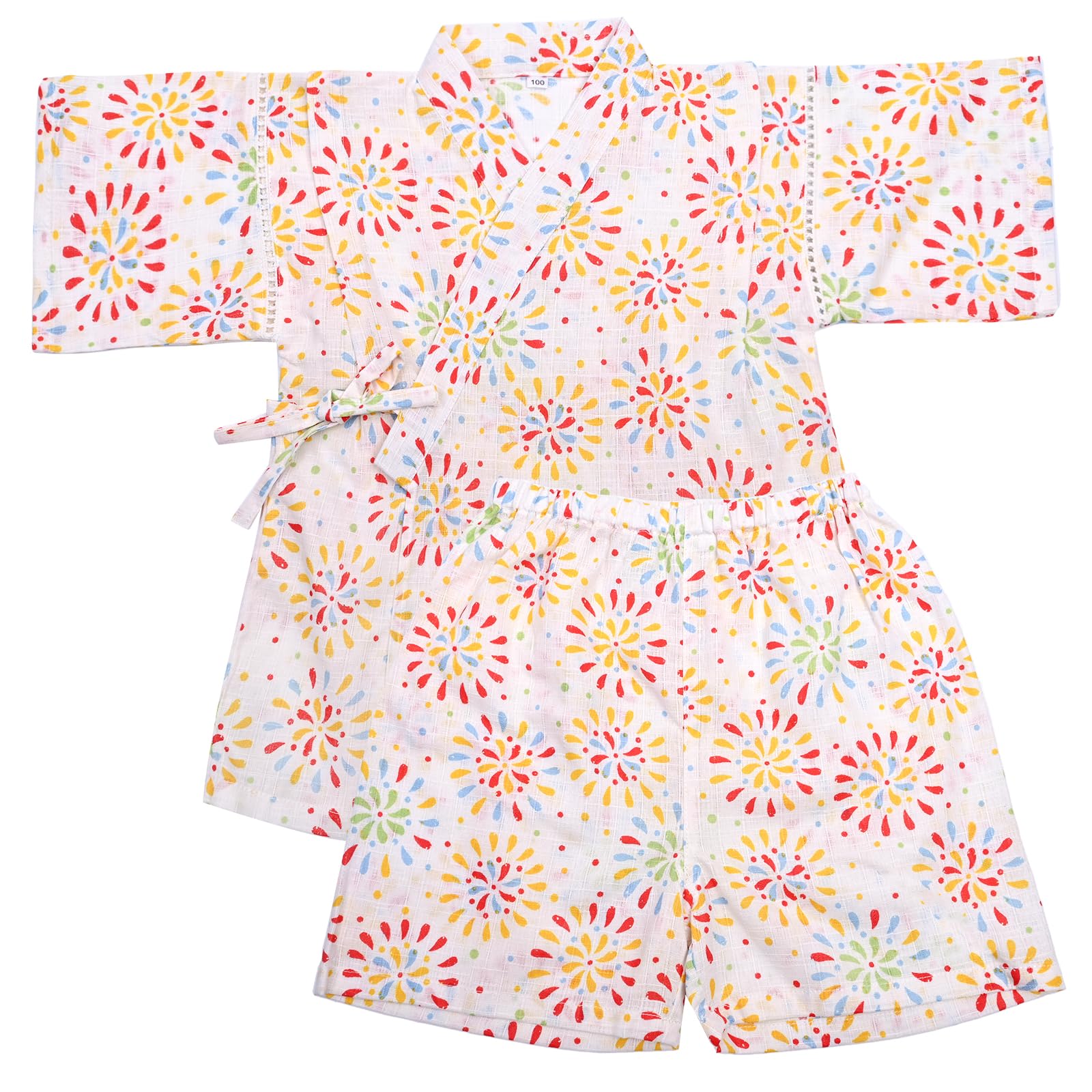 【送料無料】[Dizoon] 子供 甚平 キッズ 男の子 女の子 上下セット パジャマ 綿100％ 子供服 浴衣 着物 和服 ボーイズ ガールズ お祭り 夏祭り 花火大会 夕涼み 七五三 日本製生地 90 100 110 120 130 140 150 色：白 花火、サイズ：120