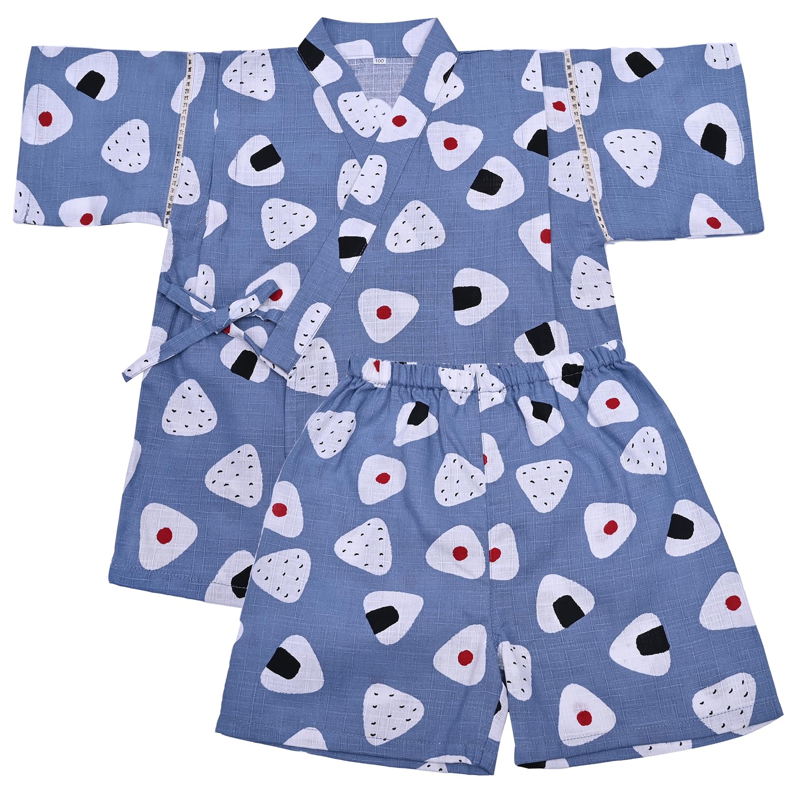 【送料無料】[Dizoon] 子供 甚平 キッズ 男の子 女の子 上下セット パジャマ 綿100％ 子供服 浴衣 着物 和服 ボーイズ ガールズ お祭り 夏祭り 花火大会 夕涼み 七五三 日本製生地 90 100 110 120 130 140 150 色：青 おにぎり、サイズ：100