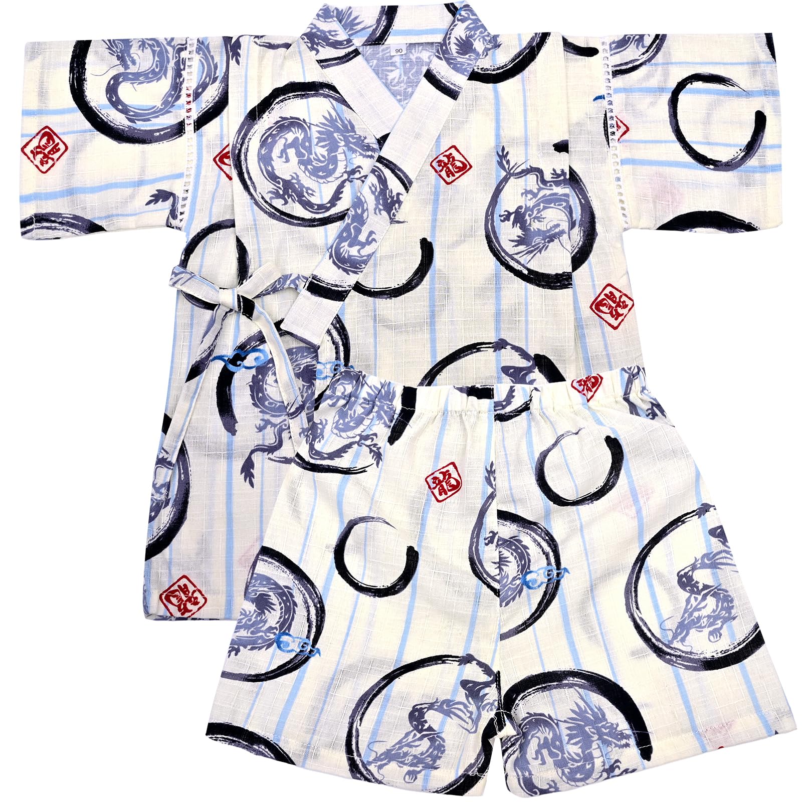 【送料無料】[Dizoon] 子供 甚平 キッズ 男の子 女の子 上下セット パジャマ 綿100％ 子供服 浴衣 着物 和服 ボーイズ ガールズ お祭り 夏祭り 花火大会 夕涼み 七五三 日本製生地 90 100 110 120 130 140 150 色：白 龍、サイズ：100