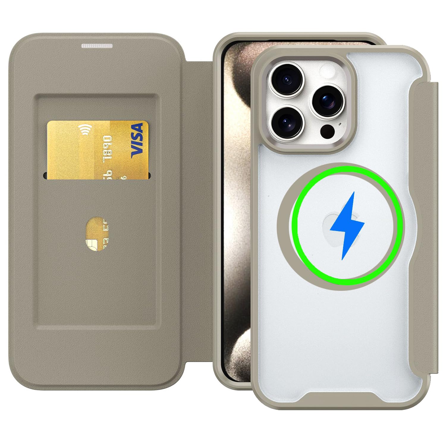 【送料無料】JCGOOD CBX iPhone ケース 手帳型 MagSafe対応 いphone ケース 手帳 ワイヤレス充電 対応 カード収納 財布型 スタンド機能 マグネット式 本革 レザー スマホケース 軽量 薄型 防塵 耐衝撃 保護 携帯ケース 色：カーキ、サイズ：iPhone16Plus用(MagSafe対応)