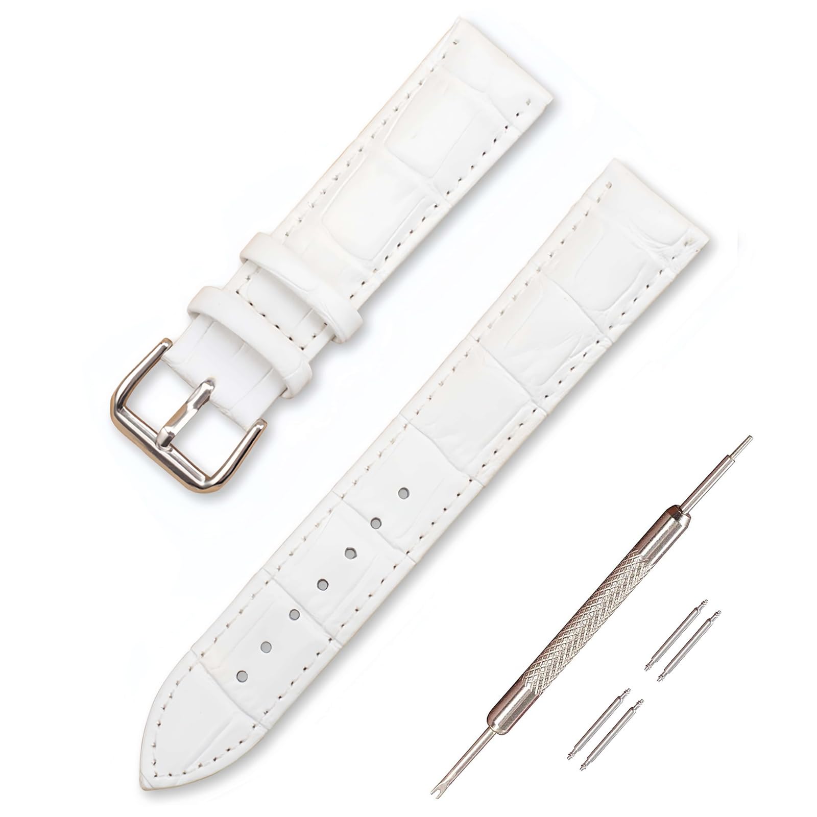 【送料無料】[Jumpsunfun] 時計バンド 12mm~22mm 本革時計ベルト クロコダイル型押しレザー腕時計ベルト 腕時計替えベル（取説 交換工具 バネ棒付） 色：ホワイト、サイズ：22mm