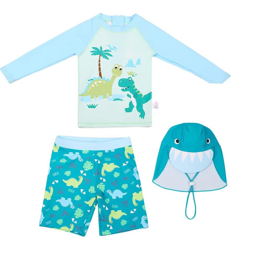 【送料無料】[Dizoon] 子供服 子供 水着 キッズ 男の子 上下セット キッズ水着 ラッシュガード 3点セット 帽子付き 長袖 半袖 日焼け対策 紫外線対策 通気性 伸縮性 恐竜柄 かわいい おしゃれ 海 プール ビーチ 水遊び ボーイズ 100-1 色：I(長袖半ズボン)、サイズ：150