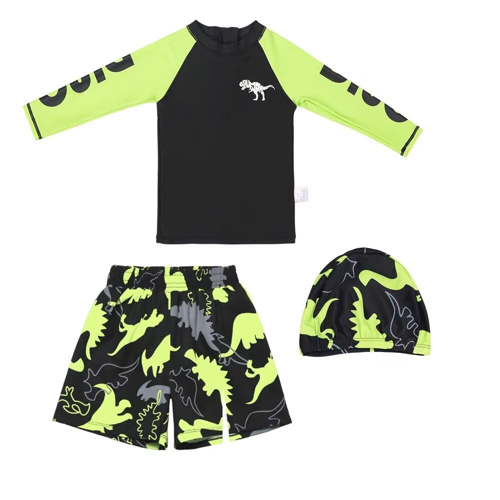 【送料無料】[Dizoon] 子供服 子供 水着 キッズ 男の子 上下セット キッズ水着 ラッシュガード 3点セット 帽子付き 長袖 半袖 日焼け対策 紫外線対策 通気性 伸縮性 恐竜柄 かわいい おしゃれ 海 プール ビーチ 水遊び ボーイズ 100-1 色：O(長袖半ズボン)、サイズ：160
