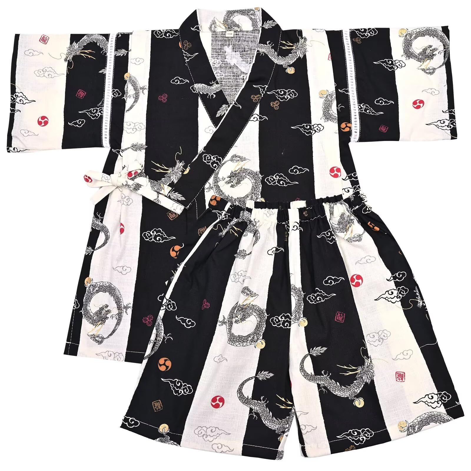 【送料無料】[Dizoon] 子供 甚平 キッズ 男の子 女の子 上下セット パジャマ 綿100％ 子供服 浴衣 着物 和服 ボーイズ ガールズ お祭り 夏祭り 花火大会 夕涼み 七五三 日本製生地 90 100 110 120 130 140 150 色：白黒 龍、サイズ：90