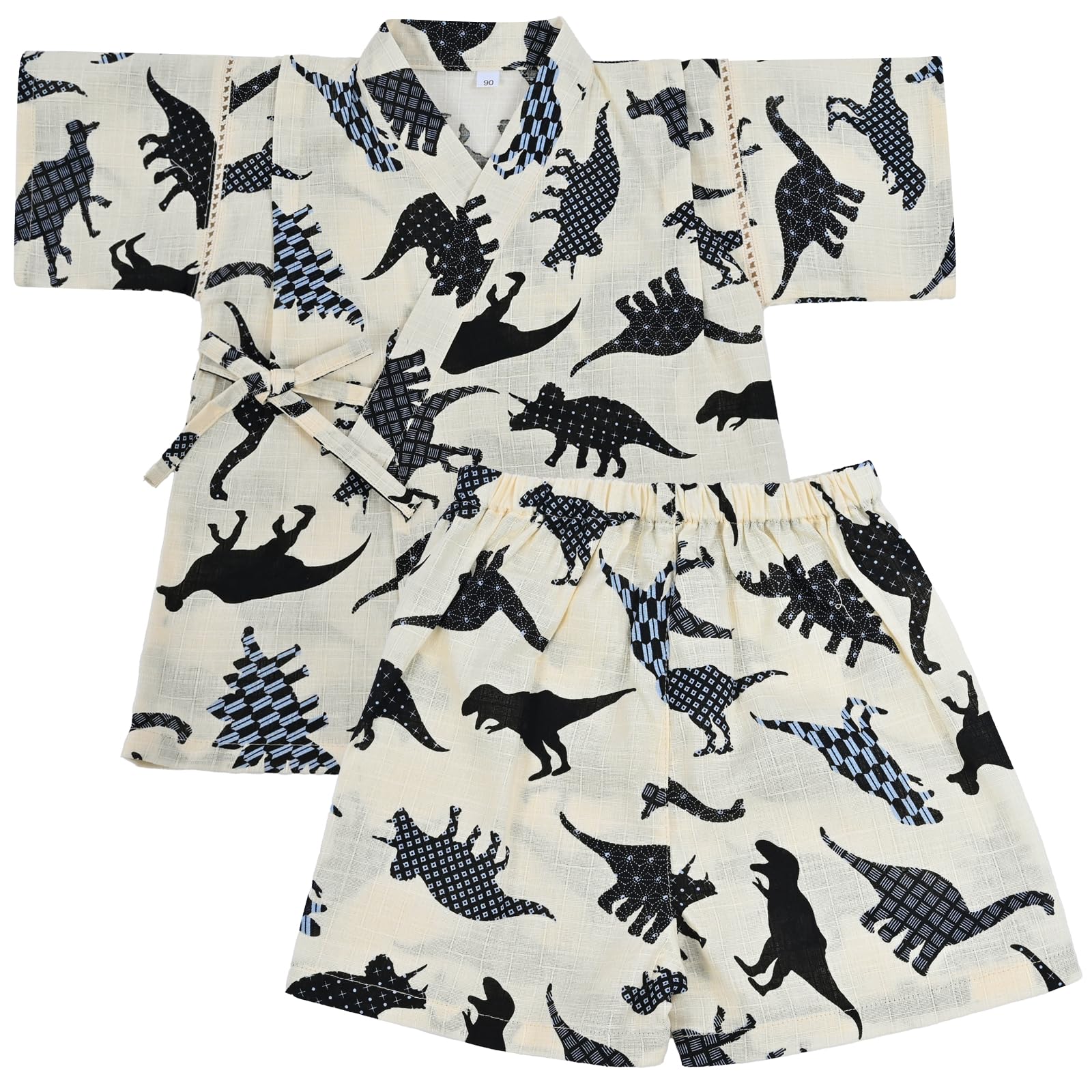 【送料無料】[Dizoon] 子供 甚平 キッズ 男の子 女の子 上下セット パジャマ 綿100％ 子供服 浴衣 着物 和服 ボーイズ ガールズ お祭り 夏祭り 花火大会 夕涼み 七五三 日本製生地 90 100 110 120 130 140 150 色：ホワイト 恐竜、サイズ：90