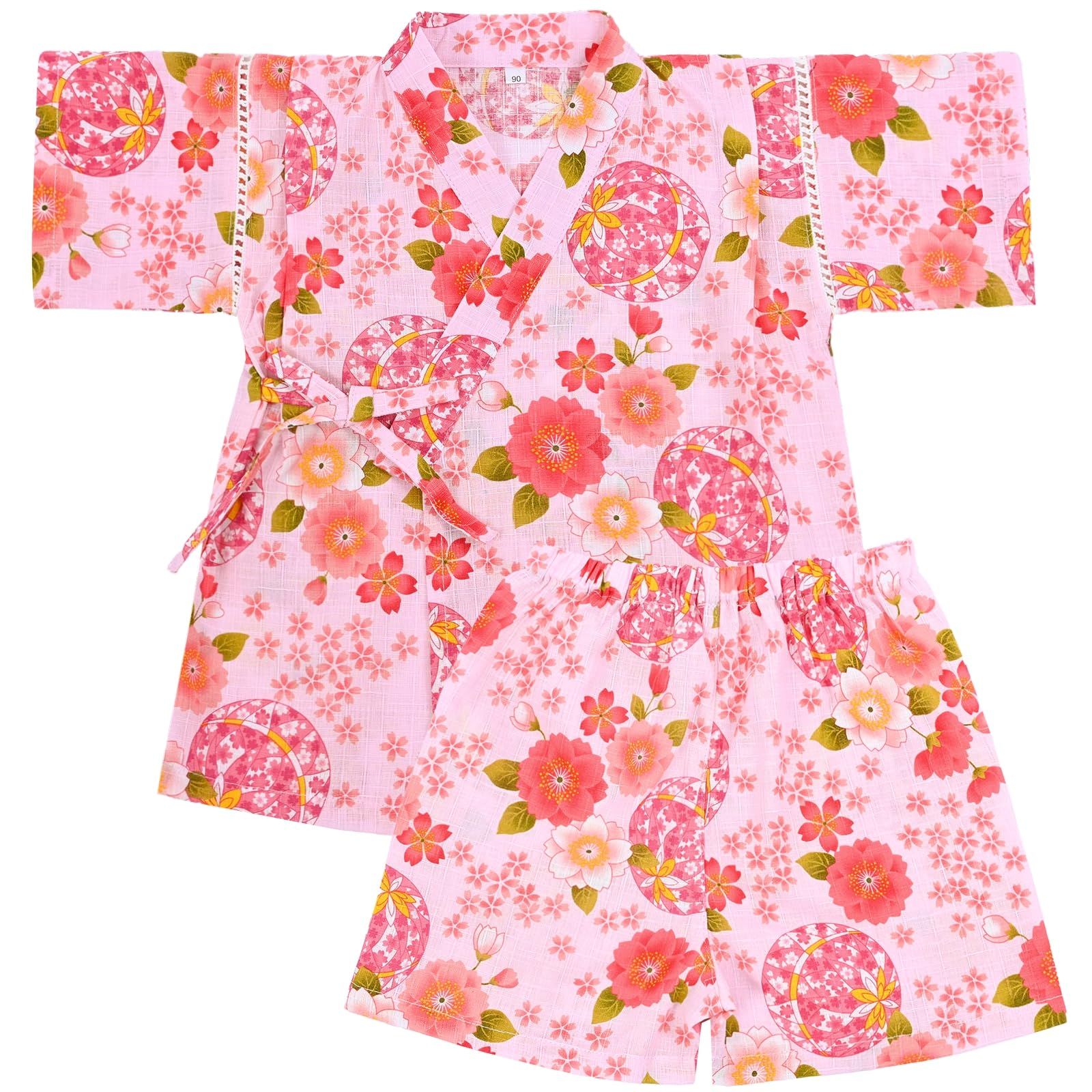 【送料無料】[Dizoon] 子供 甚平 キッズ 男の子 女の子 上下セット パジャマ 綿100％ 子供服 浴衣 着物 和服 ボーイズ ガールズ お祭り 夏祭り 花火大会 夕涼み 七五三 日本製生地 90 100 110 120 130 140 150 色：ピンク 花簇、サイズ：110