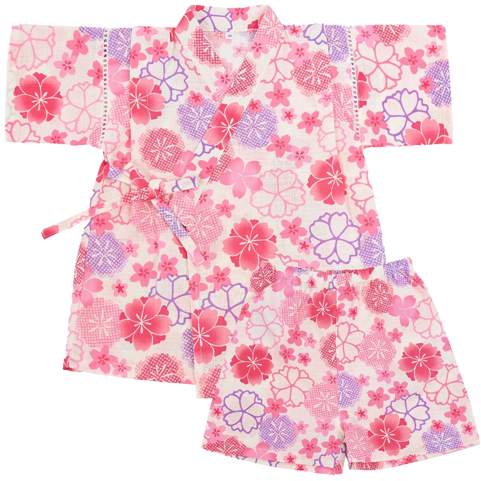 【送料無料】[Dizoon] 子供 甚平 キッズ 男の子 女の子 上下セット パジャマ 綿100％ 子供服 浴衣 着物 和服 ボーイズ ガールズ お祭り 夏祭り 花火大会 夕涼み 七五三 日本製生地 90 100 110 120 130 140 150 色：ピンクホワイト 花、サイズ：140