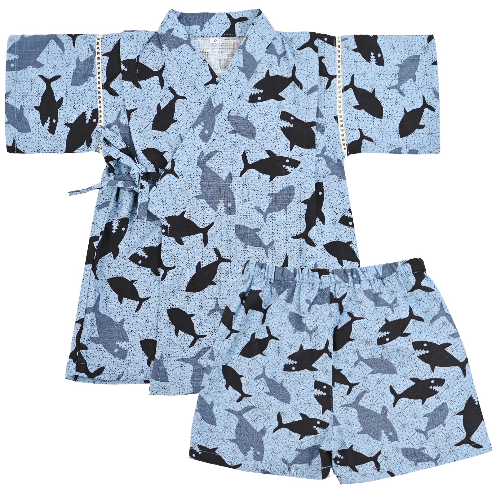 【送料無料】[Dizoon] 子供 甚平 キッズ 男の子 女の子 上下セット パジャマ 綿100％ 子供服 浴衣 着物 和服 ボーイズ ガールズ お祭り 夏祭り 花火大会 夕涼み 七五三 日本製生地 90 100 110 120 130 140 150 色：ブルー サメ、サイズ：150