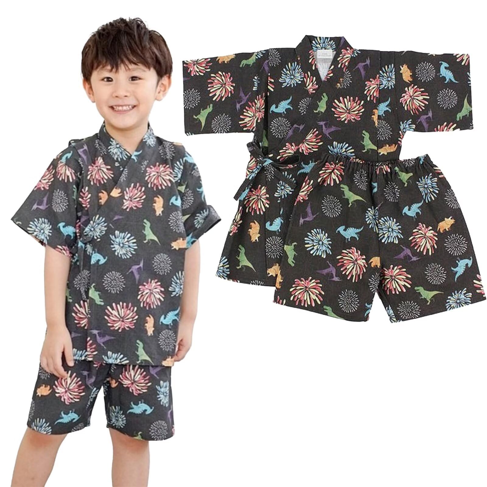 【送料無料】[Dizoon] 子供 甚平 キッズ 男の子 上下セット 夏 半袖 半ズボン 綿100％ 浴衣 ボーイズ 和服 薄手 通気性 和柄 和風 かわいい おしゃれ 部屋着 花火大会 お祭り 夕涼み 90-150cm 色：ブラック(花火恐竜)、サイズ：90