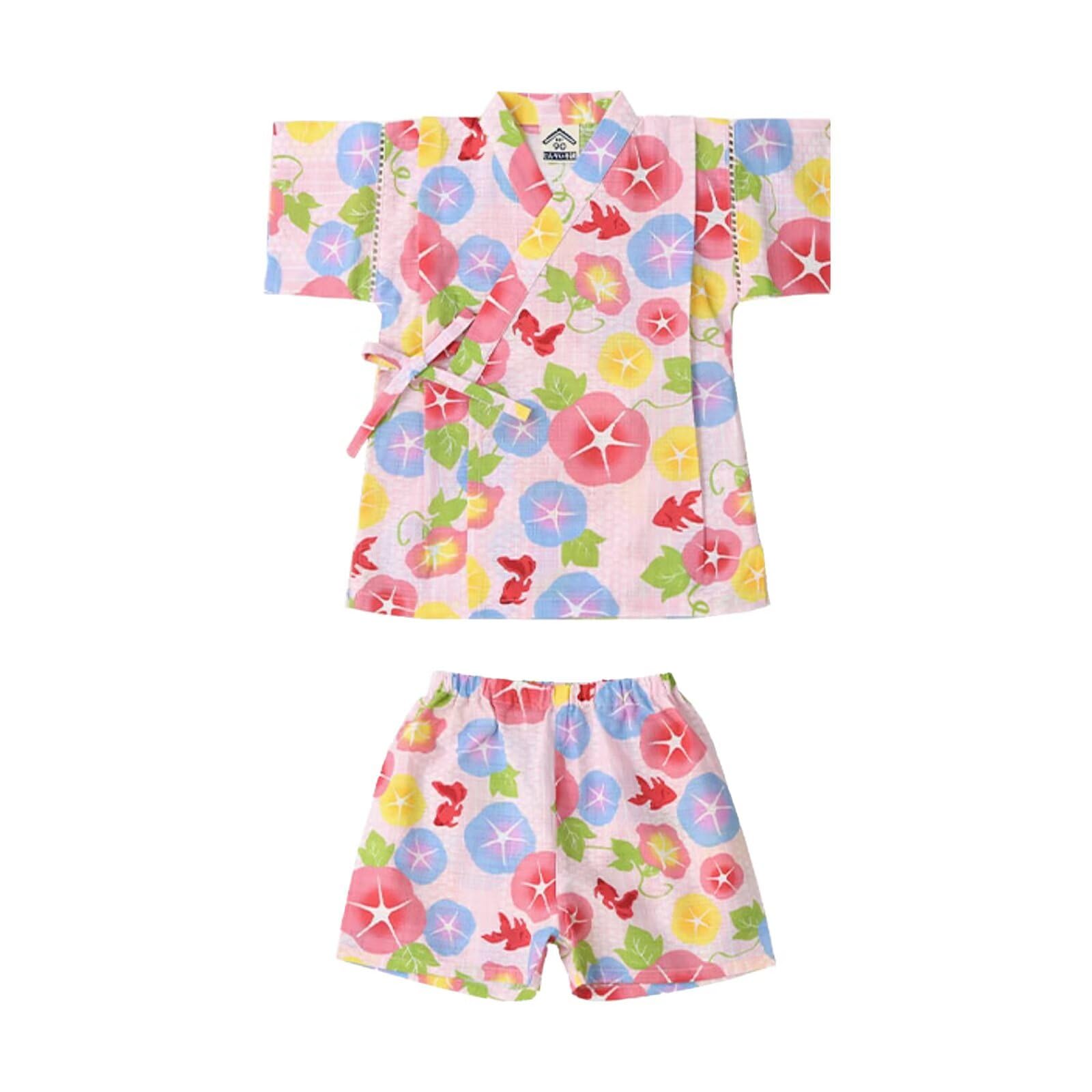 【送料無料】[Dizoon] 子供 甚平 キッズ 女の子 上下セット 夏 綿100％ 半袖 半ズボン 浴衣 薄手 通気性 和柄 和風 かわいい おしゃれ ガールズ 和服 部屋着 花火大会 お祭り 夕涼み 90-150cm 色：ピンク(アサガオ)、サイズ：100