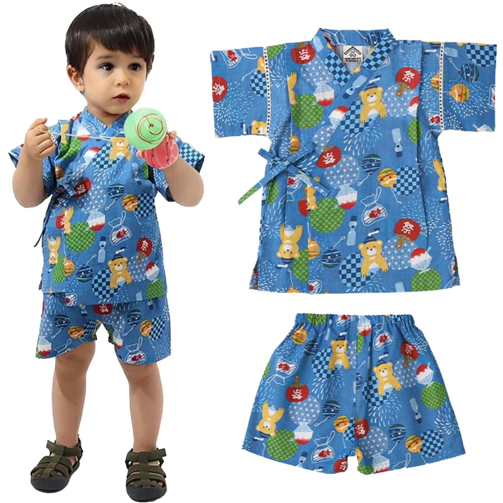 【送料無料】[Dizoon] 子供 甚平 キッズ 男の子 上下セット 夏 半袖 半ズボン 綿100％ 浴衣 ボーイズ 和服 薄手 通気性 和柄 和風 かわいい おしゃれ 部屋着 花火大会 お祭り 夕涼み 90-150cm 色：ブルー(夏祭り)、サイズ：120