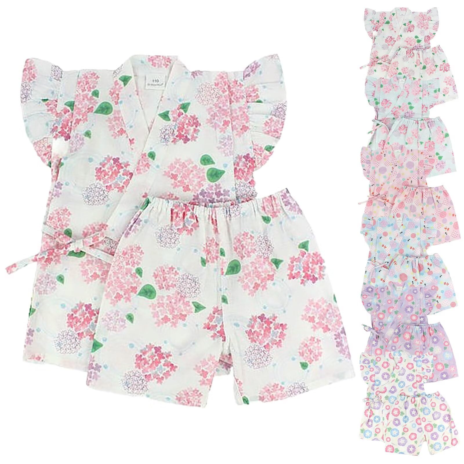 【送料無料】[Dizoon] 子供 甚平 キッズ 女の子 上下セット 夏 綿100％ 半袖 半ズボン 浴衣 薄手 通気性 和柄 和風 かわいい おしゃれ ガールズ 和服 部屋着 花火大会 お祭り 夕涼み 90-150cm 色：フリル袖-ホワイト(紫陽花)、サイズ：90