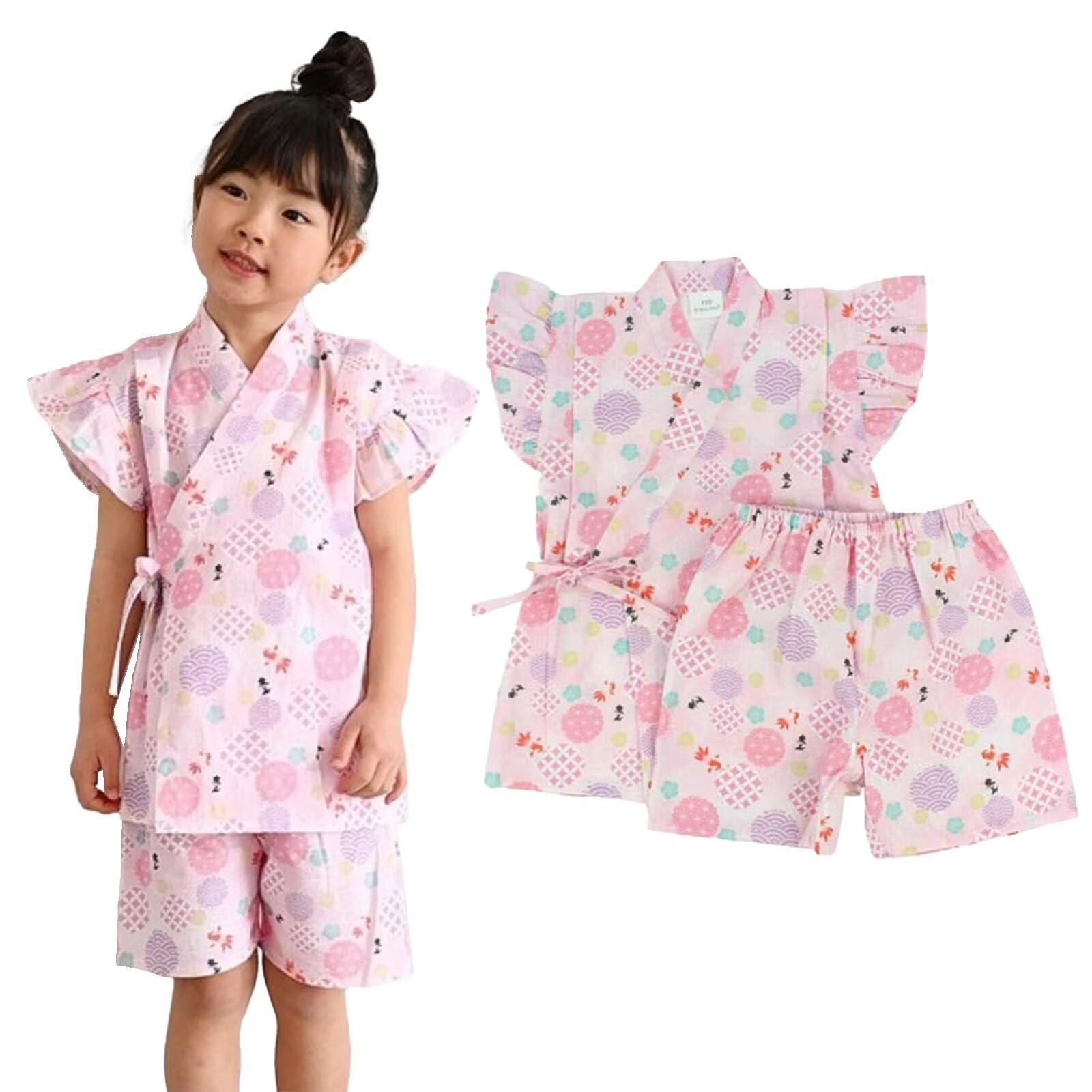【送料無料】[Dizoon] 子供 甚平 キッズ 女の子 上下セット 夏 綿100％ 半袖 半ズボン 浴衣 薄手 通気性 和柄 和風 かわいい おしゃれ ガールズ 和服 部屋着 花火大会 お祭り 夕涼み 90-150cm 色：フリル袖-ピンク(金魚)、サイズ：130