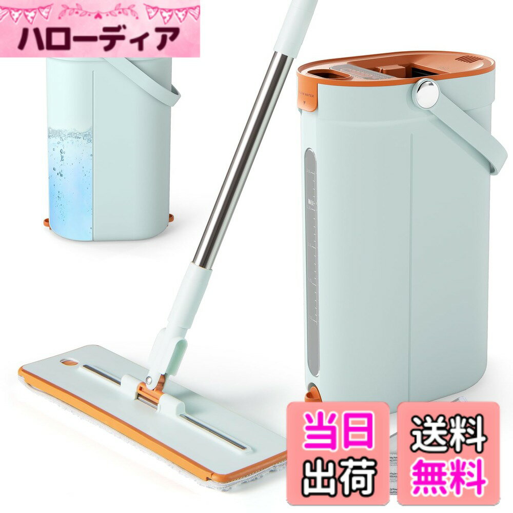 【送料無料】GIANTEX モップ フロアモップ バケツ付き 360°回転 フロリングワイパー 床掃除 家庭用 掃除用品 2枚替えパッド付き 水拭き 色：グリーン、サイズ：Large