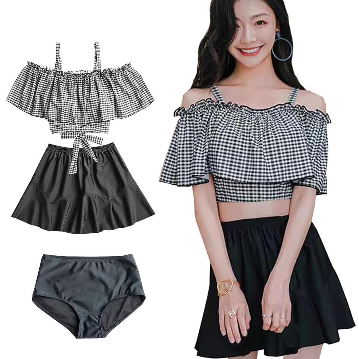 【送料無料】 水着 レディース 3点セット タンキニ 体型カバー 可愛い水着 チェック柄 フリル セパレー..