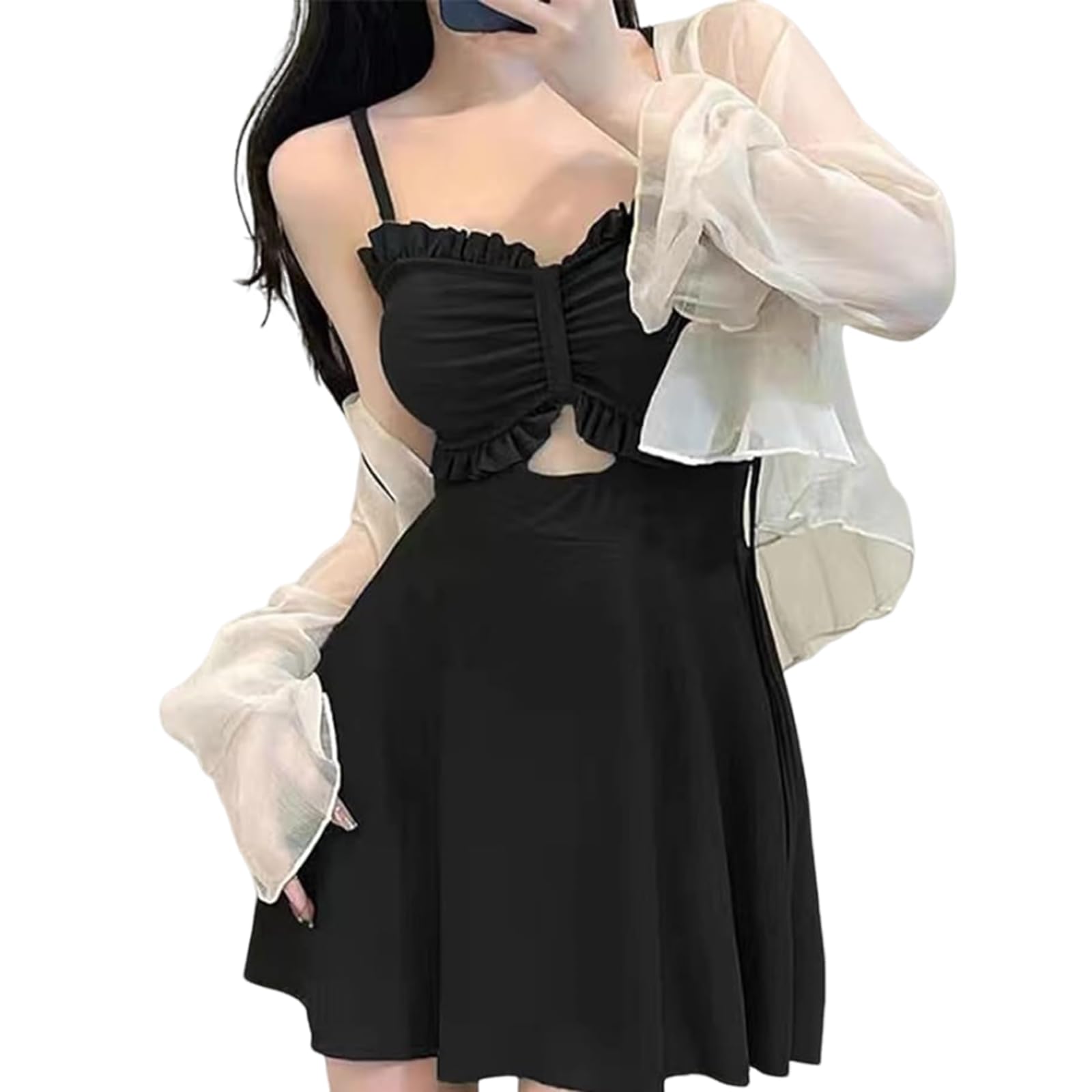 【送料無料】 水着 レディース ワンピース 体型カバー 2点セット セパレート 大きいサイズ ハイウエスト フレアスカート 無地 セクシー 韓国 可愛い おしゃれ ビーチ 海水浴 色：ブラック、サイズ：M