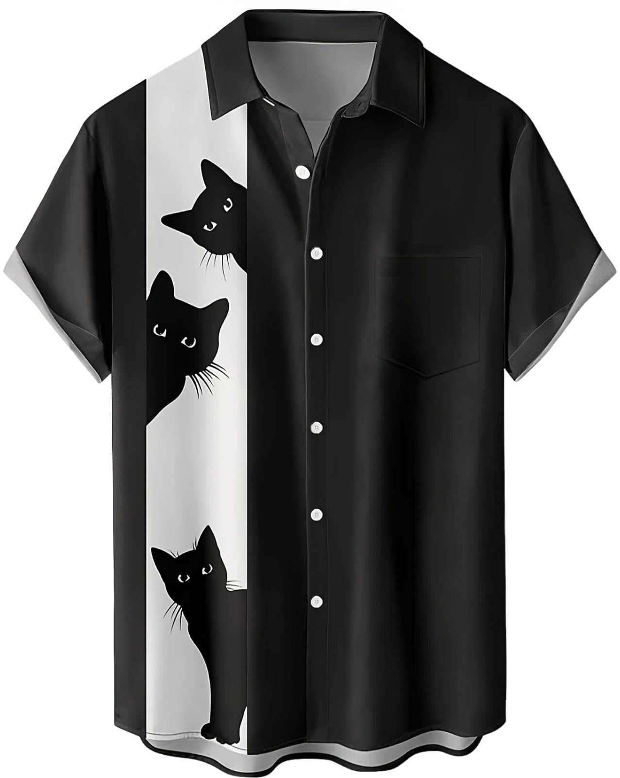 【送料無料】[aspersio] [アスペルシオ] 半袖 猫ちゃん プリント シャツ 襟付き 柄シャツ 個性的 面白い 派手 トップス メンズ 色：ブラック猫ちゃん、サイズ：M