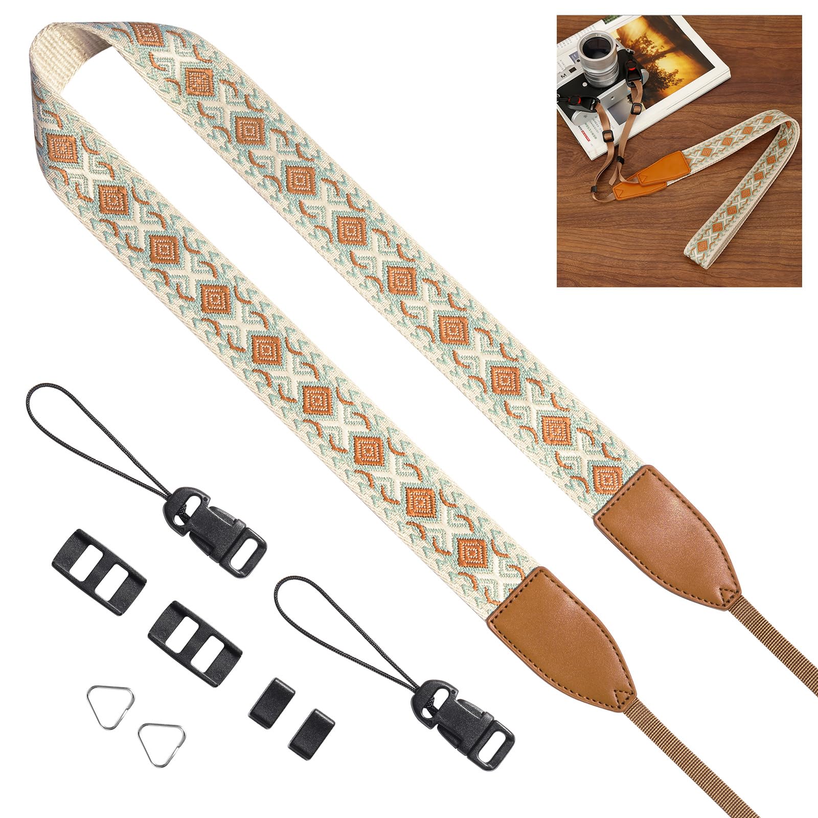 【送料無料】[Yullmu] カメラストラップ カメラネックストラップ 一眼レフ おしゃれ 刺繍 ボヘミアン風 長さ調整可能 色：クリーム、サイズ：3.8cm