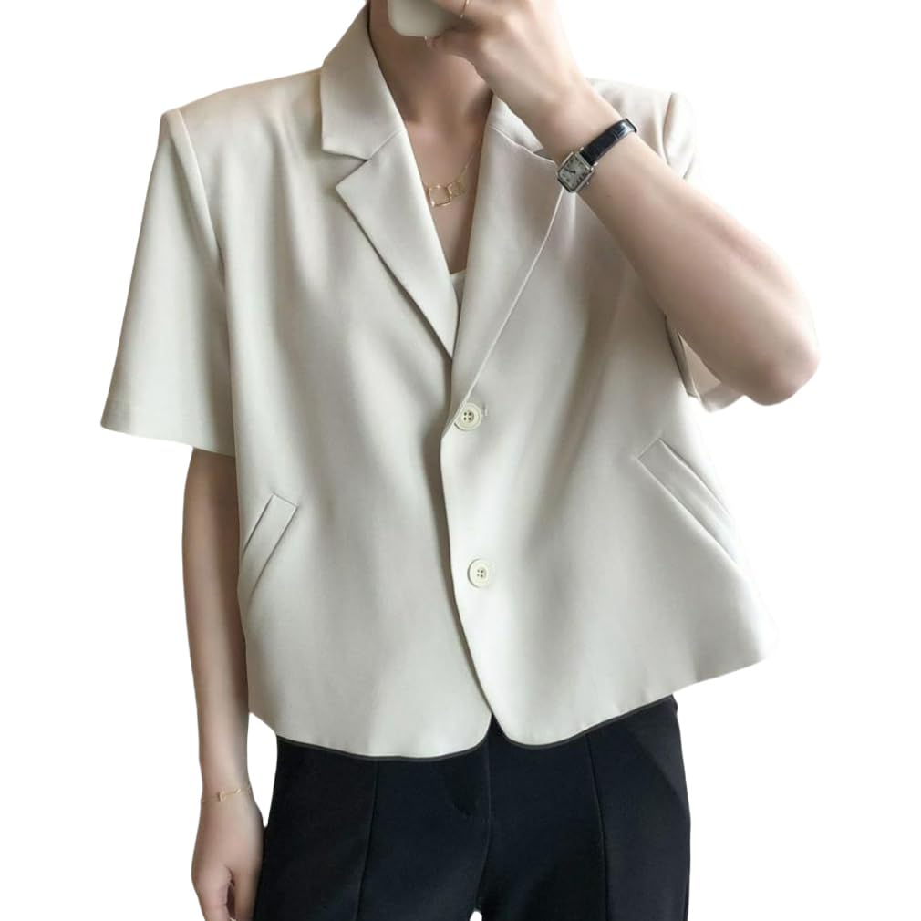 【送料無料】[Icyrain] 半袖 ジャケット レディース テーラードジャケット 裏地なし 夏 洗える ウォッシャブル サマージャケット フォーマル オフィス ビジネス カジュアル 着痩せ 通勤 おしゃれ 上品 色：01ベージュ、サイズ：L