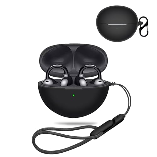 【送料無料】HUAWEI FreeClip 用 ケース カバー 【NOUKAJU】 ワイヤレス イヤーホン シリコン 保護ケース （カラビナ付き+ストラップ付き ） 落下防止 キズ防止 耐衝撃 装着充電可能 防水 防塵 (ブラック)