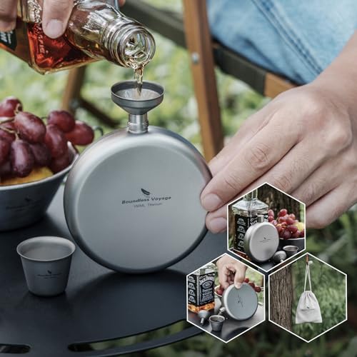 【送料無料】Boundless Voyage チタン スキットル ヒップフラスコ 軽量 頑丈 錆びない ウイスキースキットル 持ち運び 旅行用 おしゃれスキットル 漏斗付き アルコール水筒 清酒ボトル アウトドア キャンプ用品 収納袋付き 2