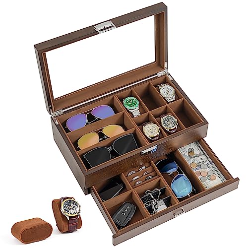 【送料無料】ProCase 木製メンズジュエリーボックス、2段式ウォッチホルダー＆サングラスボックスオー..