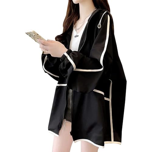 【送料無料】LIYURLTA レディース 日焼け止め服 ラッシュガード パーカー 可愛い 体型カバー UVケア UVカット 紫外線防止 長袖 薄手 夏 軽量 通気 速乾 オーバーサイズ LIY103 (XL, ブラック)