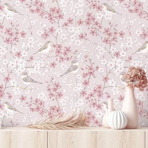 【送料無料】VEELIKE 壁紙シール 壁紙 リメイクシート 和風 桜と鳥 花柄 防水 耐熱 剥がせる壁紙 クロス カッティングシート リフォームシート ウォール ステッカー すま紙 シールタイプ のり付き はがせる PVC 難燃 賃貸ok DIY 装飾 インテリア キッチン トイレ 食器棚