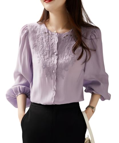【送料無料】[Four leaf] 【華やかな刺繍×エレガント】 トップス ブラウス シャツ 春 秋 長袖 刺繍 レース レディース ノーカラー パフスリーブ バルーン袖 バルーンスリーブ シャツブラウス ゆったり