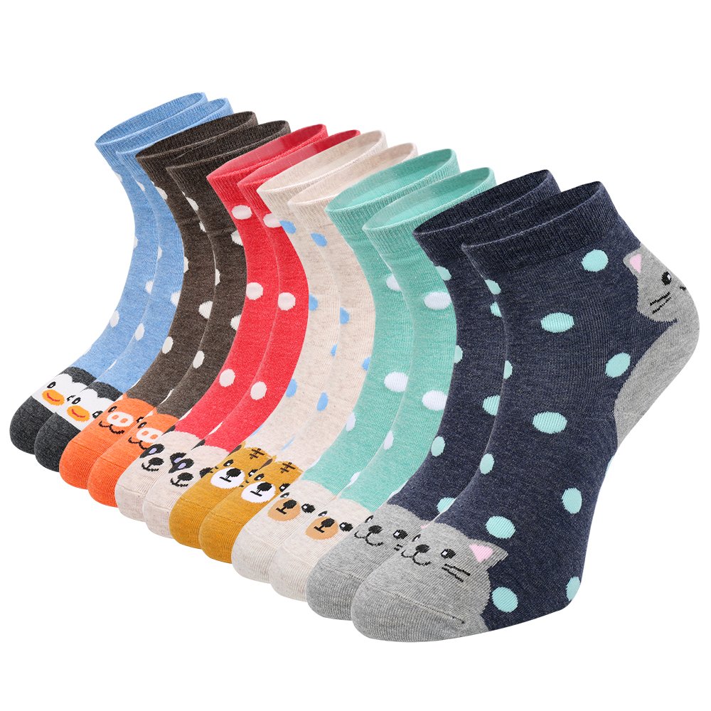【送料無料】[Empino] 靴下 レディース コットン ソックス 動物キャラクター柄 水玉柄 快適性 通気性 スニーカーソックス 21‐25cm 色：A002、サイズ：21.0-25.0 cm