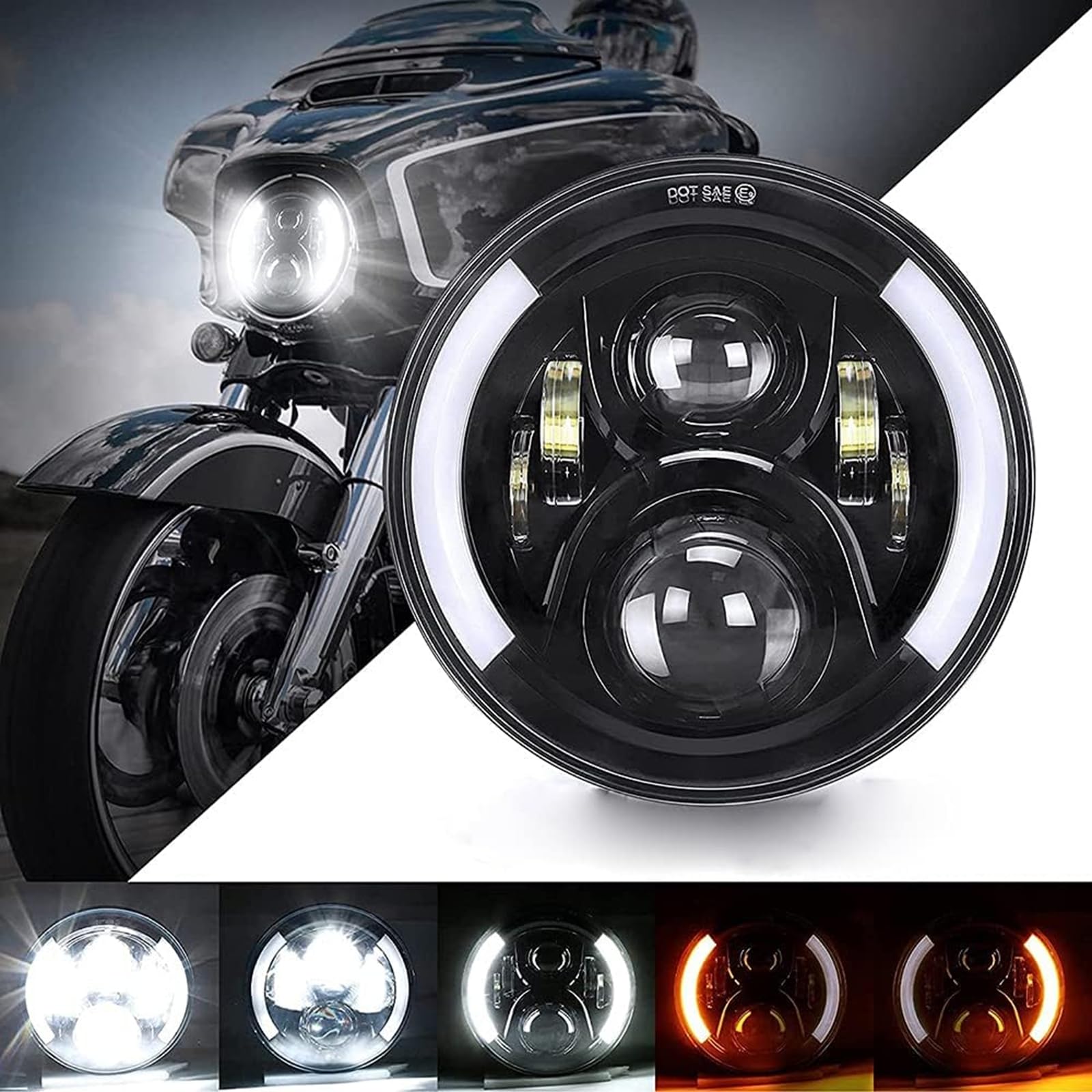 【送料無料】Largoods 7インチLEDヘッドライト ホンダに対応 バイク 専用 Hi/Lo切り替えDRL機能 ホワイト 6000K 高輝度 DC:12V-24V IP67防水 車検対応 一個セット 色：ブラック、サイズ：ウインカー付き