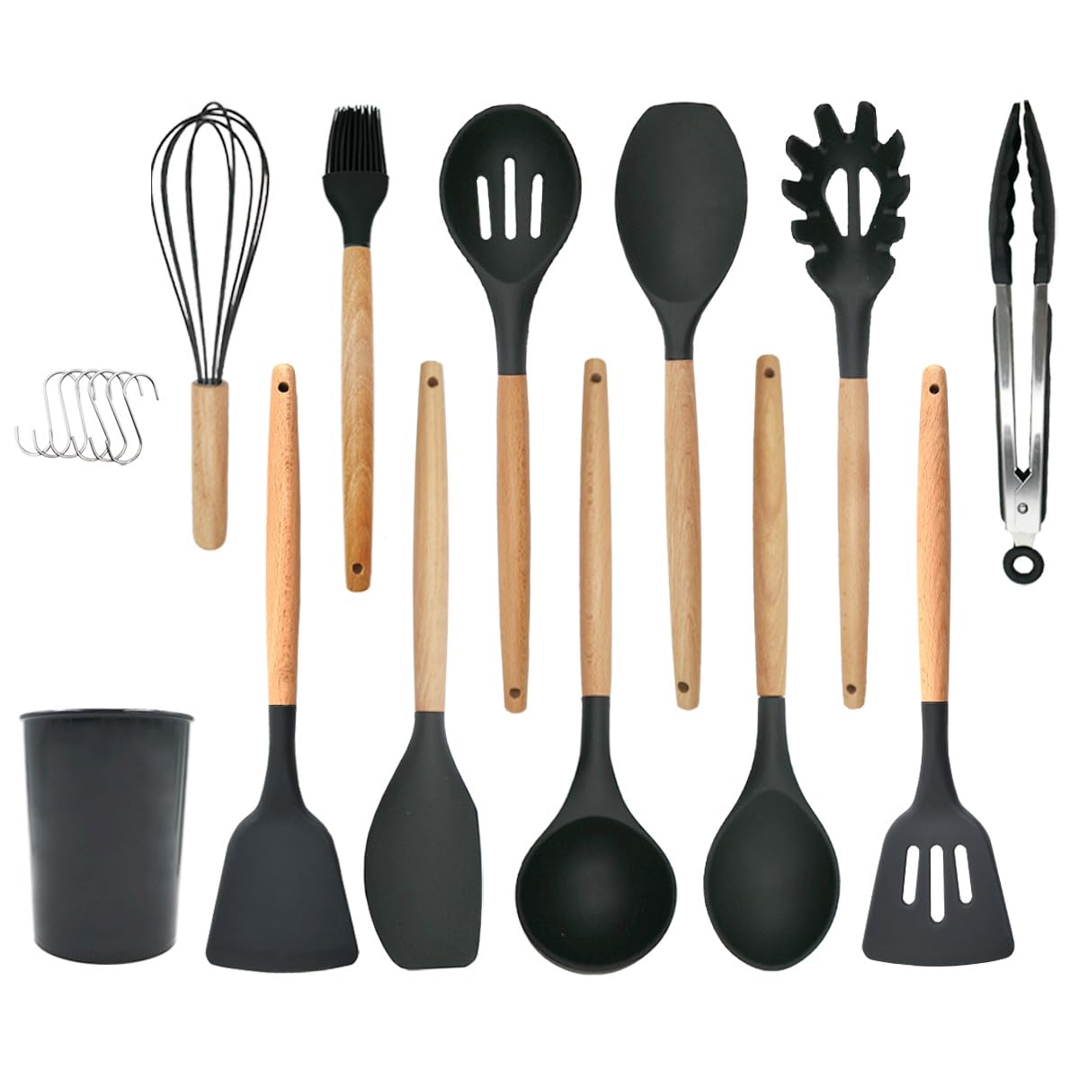 【送料無料】hiino kano キッチンツール セット 調理器具 12点/9点セット 一人暮らし 台所用品 新居祝い 母の日プレゼント 耐熱 耐久性 木製ハンドル 和洋中料理に適用 抗菌 傷つかない フライ返し おたま トング スプーンなど オシャ 色：ブラック、サイズ：12点セット