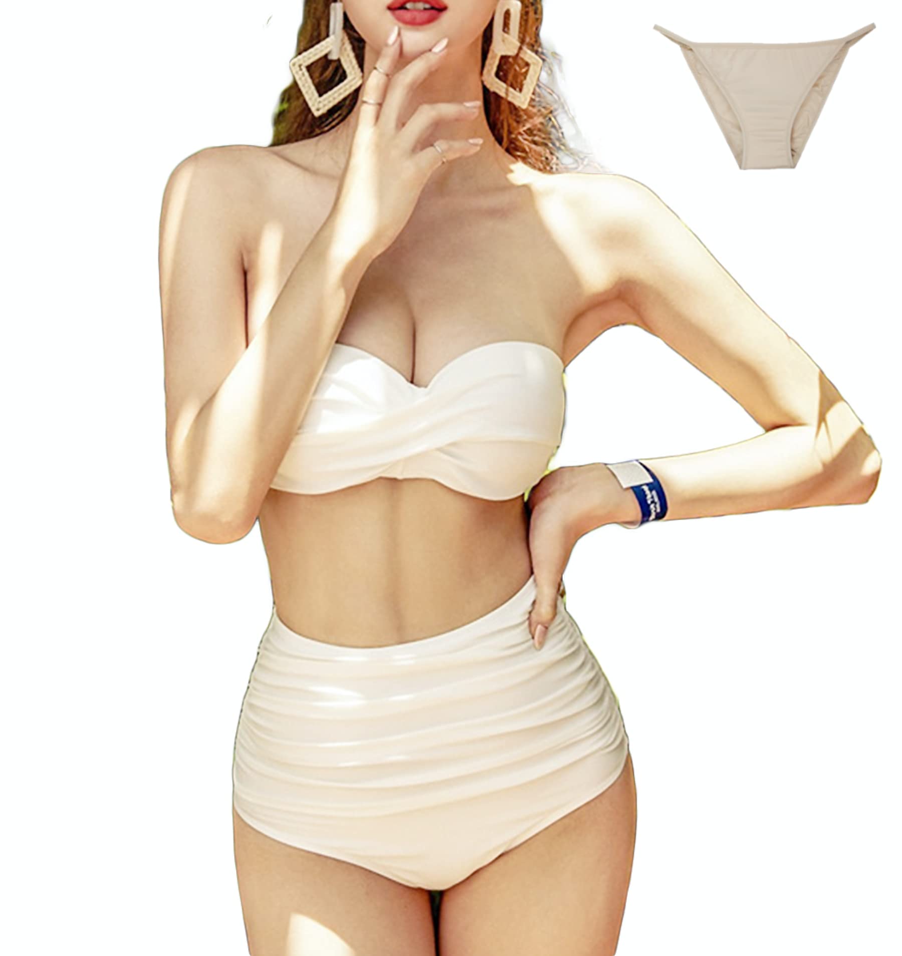 【送料無料】[GIVEK] チューブトップ 水着 レディース ビキニ セパレート ストラップ取り外し可能 2 way仕様 ハイウエスト インナーパンツ付き セット 色：ホワイト、サイズ：XL