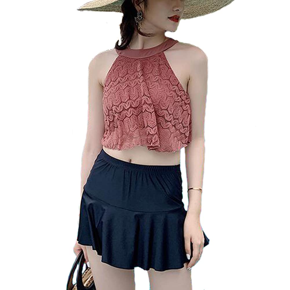 【送料無料】[CARLIE KLOSS] 水着 レディース タンキニ 体型カバー 女性 人気 2 3点セット UVカット ショートパンツ スカート 可愛い 温泉 旅行 セパレーツ ビスチェ風 色：ワインレッド、サイズ：L