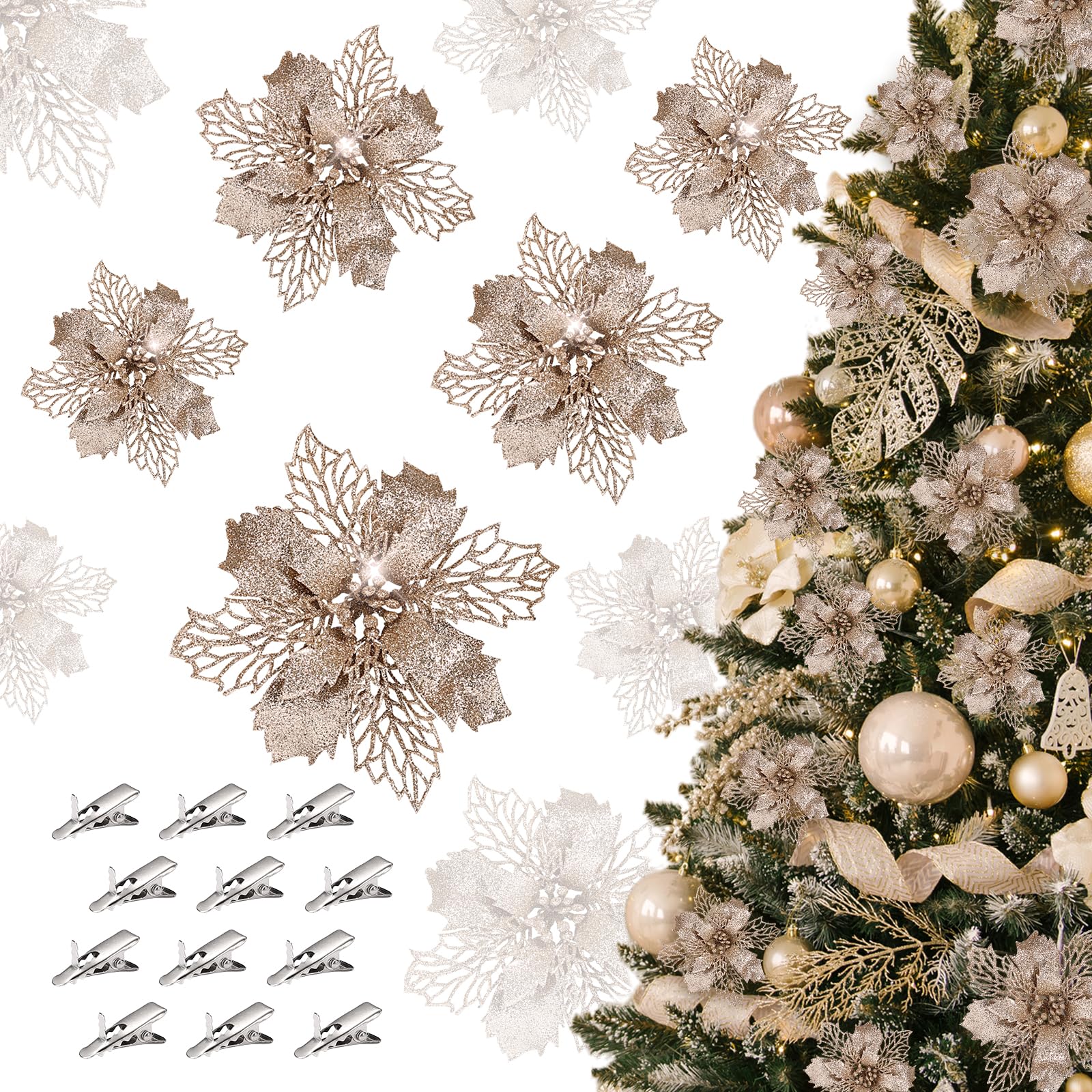 【送料無料】GWHOLEクリスマス 飾り オーナメント ポインセチア 造花 クリスマスツリー飾り クリスマスリース 装飾 飾り付け ラメ入り キラキラ シルバー 自宅 店舗 玄関 色：シャンパン