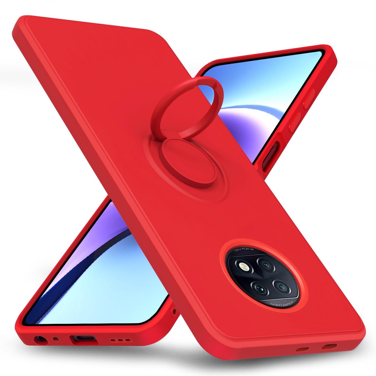 【送料無料】Galaxy 用 ケース TPU 耐衝撃 リング シリコンケース 薄型 ソフト 全面保護カバー 指紋防止 リング付き スタンド機能 車載ホルダー対応 360°回転 レンズ保護 ストラップホール付き スリム 軽量 黄変防止 防塵 色：レッド、サイズ：Xiaomi Redmi Note 9T 5G