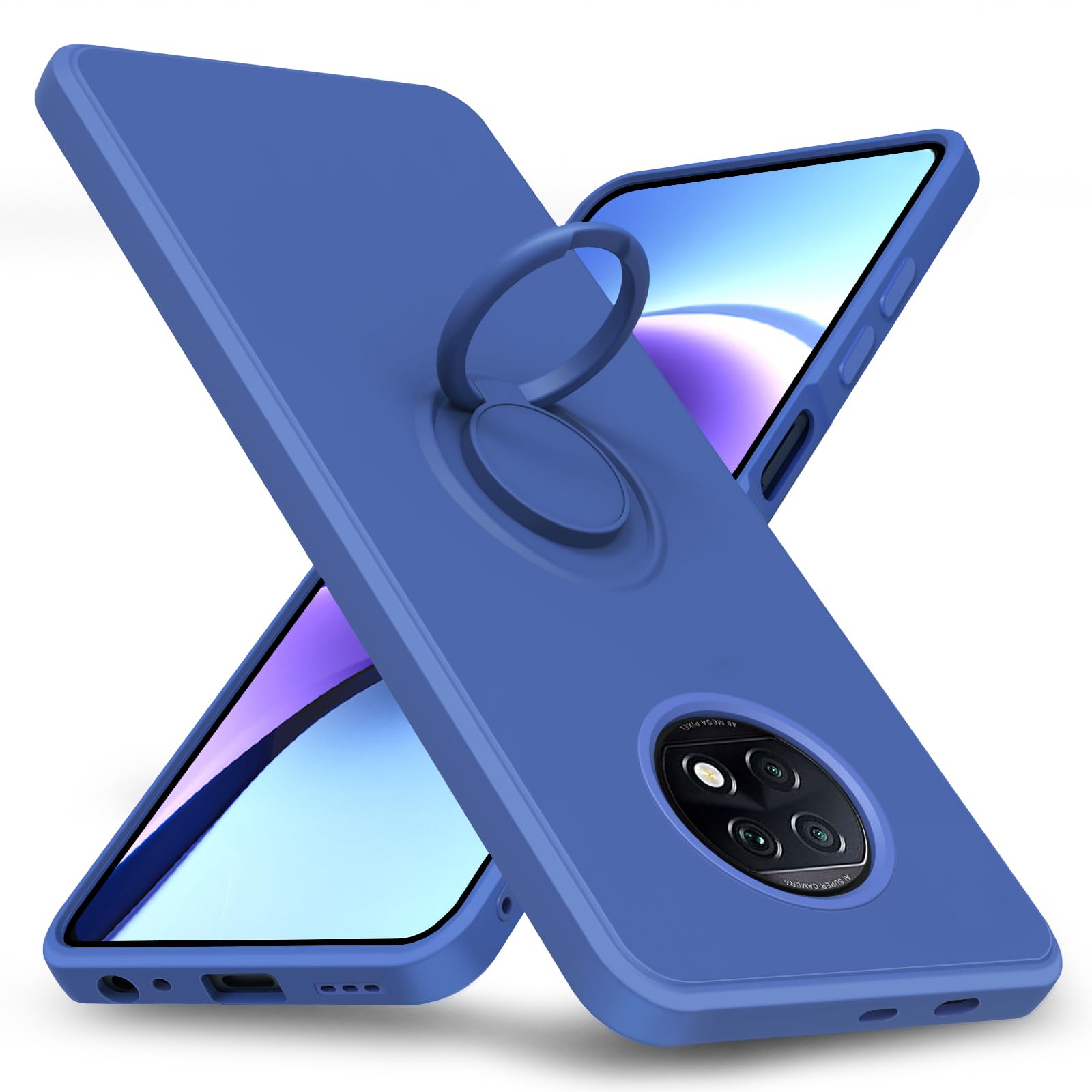 【送料無料】Galaxy 用 ケース TPU 耐衝撃 リング シリコンケース 薄型 ソフト 全面保護カバー 指紋防止 リング付き スタンド機能 車載ホルダー対応 360°回転 レンズ保護 ストラップホール付き スリム 軽量 黄変防止 防塵 色：ブルー、サイズ：Xiaomi Redmi Note 9T 5G