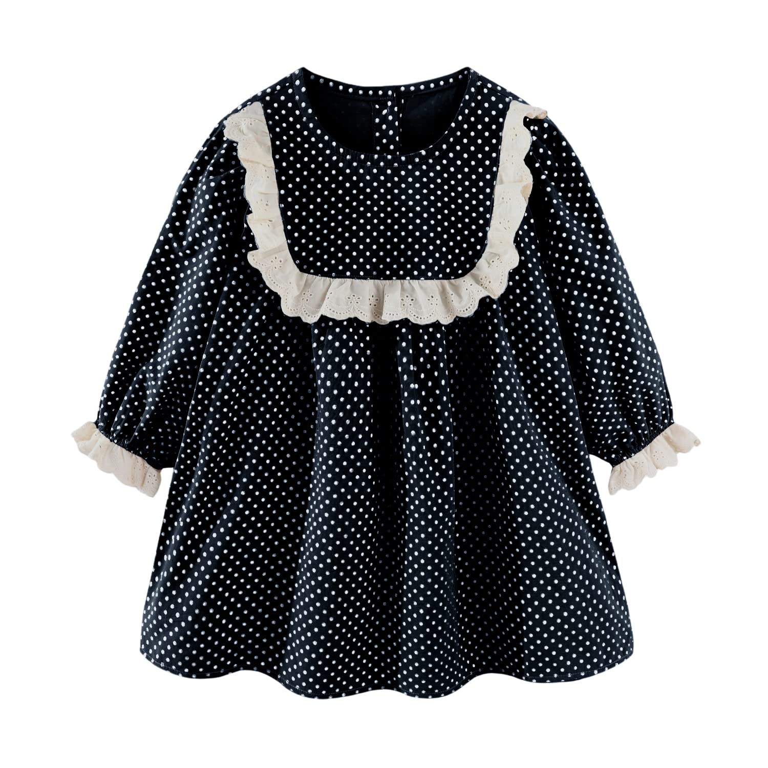 【送料無料】[LSMUDKINGDOM] ドット ワンピース キッズ 女の子 縁取り 長袖 膝丈 薄手 色：ブラック、..