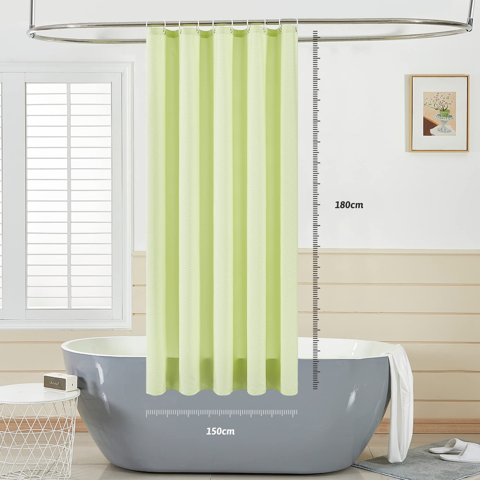 【送料無料】Furlinic シャワーカーテン 目隠し 防カビ防水 透けない 重り 厚手 間仕切り おしゃれ お風呂シャワーカーテン ユニットバス 200丈カーテン 風呂カーテン リング付き 取り付け簡単 日本限定 色：きいろ、サイズ：丈180 cm x 幅150 cm (1枚組)