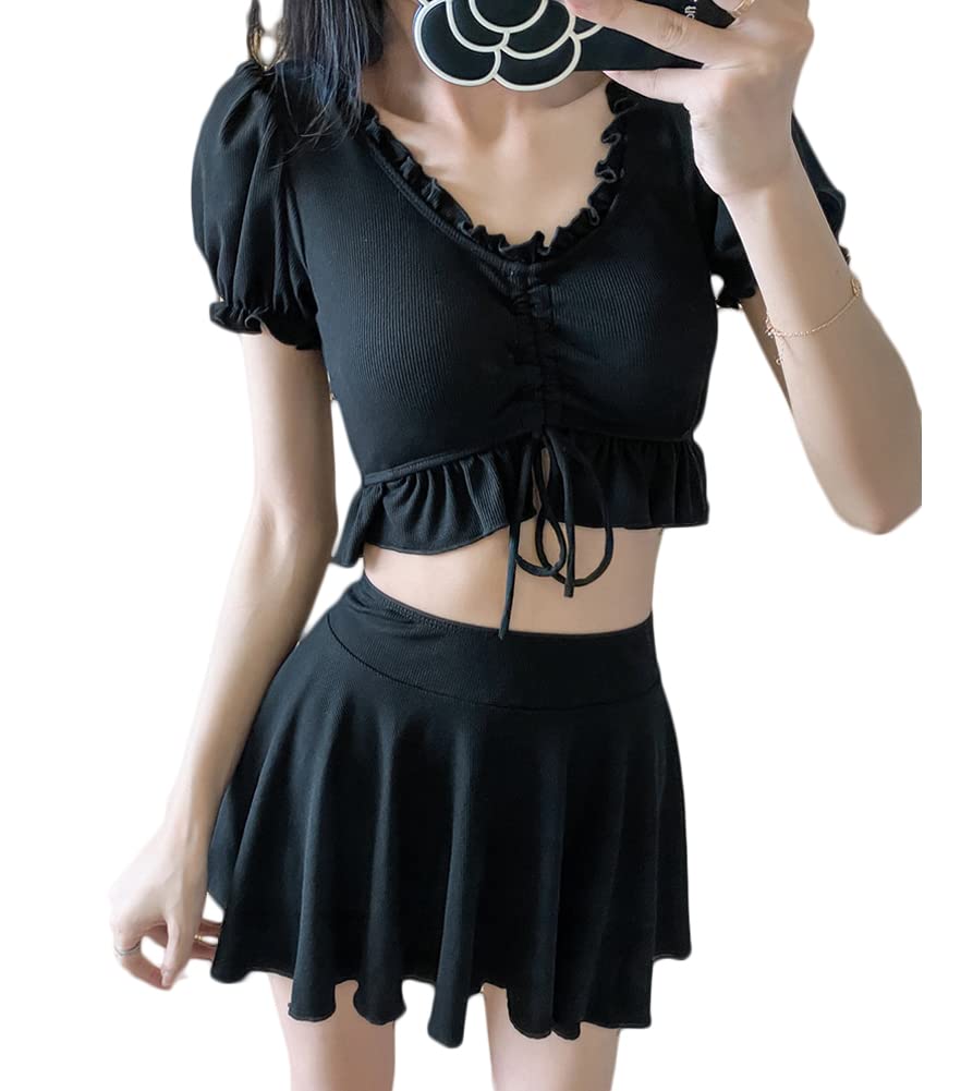 【送料無料】[chubikime] 水着 レディース ビキニ スカート 2点セット セパレート水着 体型カバー ビスチェ風 セクシー パッド付き フレア フリル おしゃれ かわいい 無地 色：ブラック(フリル)、サイズ：L