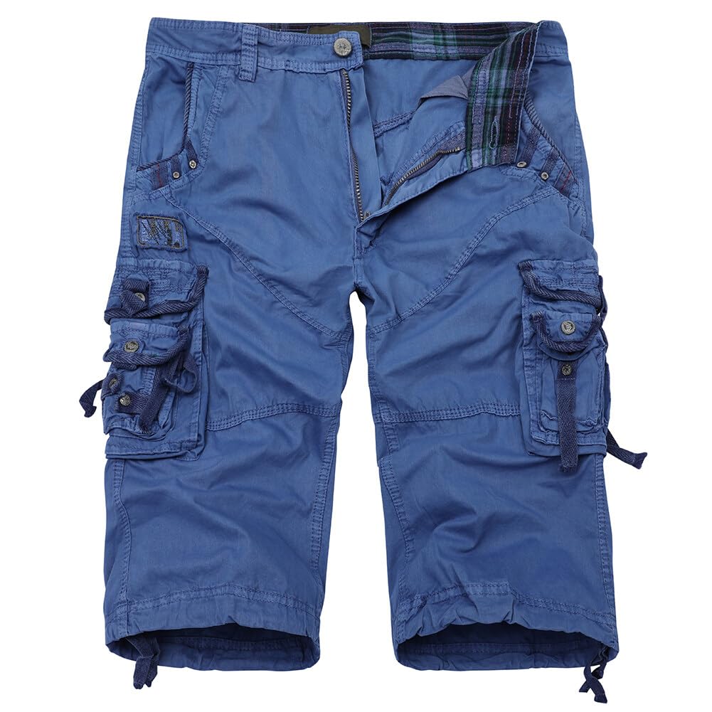 【送料無料】[AOWOFS] カーゴショートパンツ メンズ 短パン 五分丈 無地 カジュアル ゆったり ワイドパンツ 綿 通気性 夏 部屋着ズボン ポケット多い 6色大きいサイズ 色：ブルー、サイズ：36