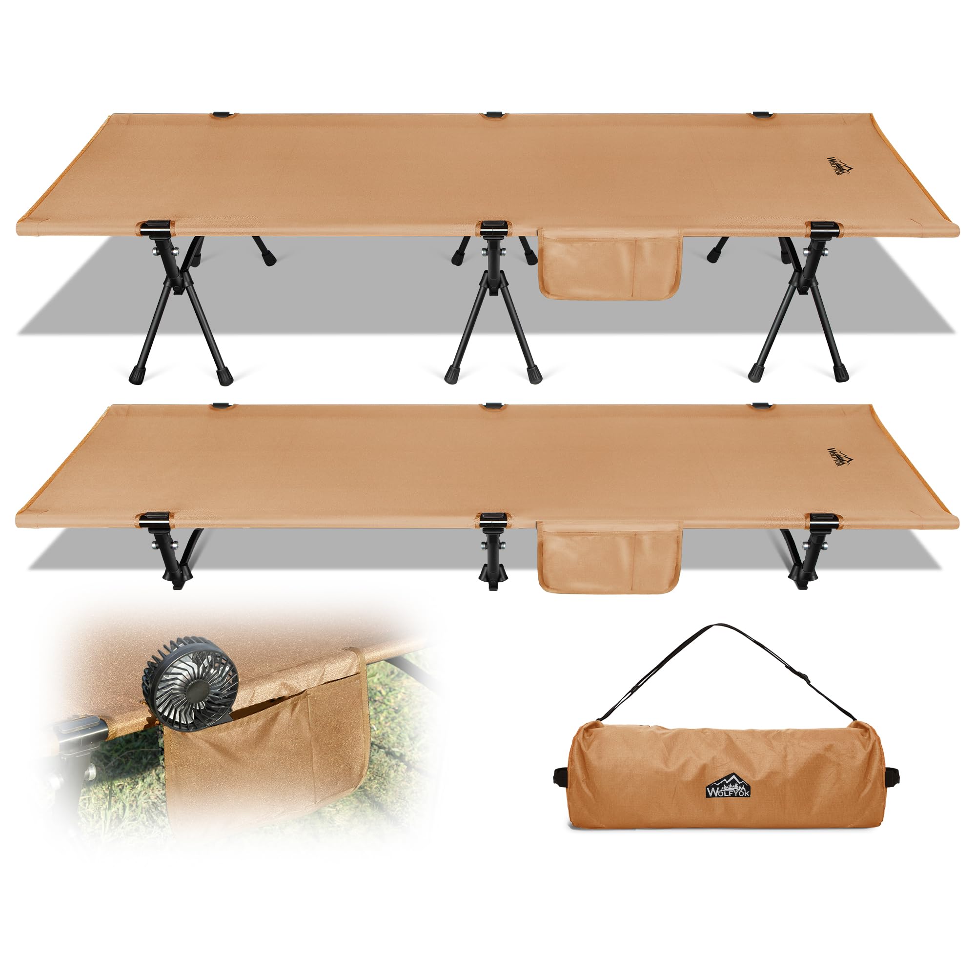 【送料無料】コット キャンプ 2way 軽量 【高密度1000Dオックスフォード・寝心地も耐久性もあり】 150KG高耐荷重 折りたたみ 小物収納 ハイ/ロー切替可能 wolfyok outdoors(ウルフヨックアウトドアーズ) アウトドアベッ 色：タン、サイズ：長さ190cm x 幅67cm x 高さ38cm
