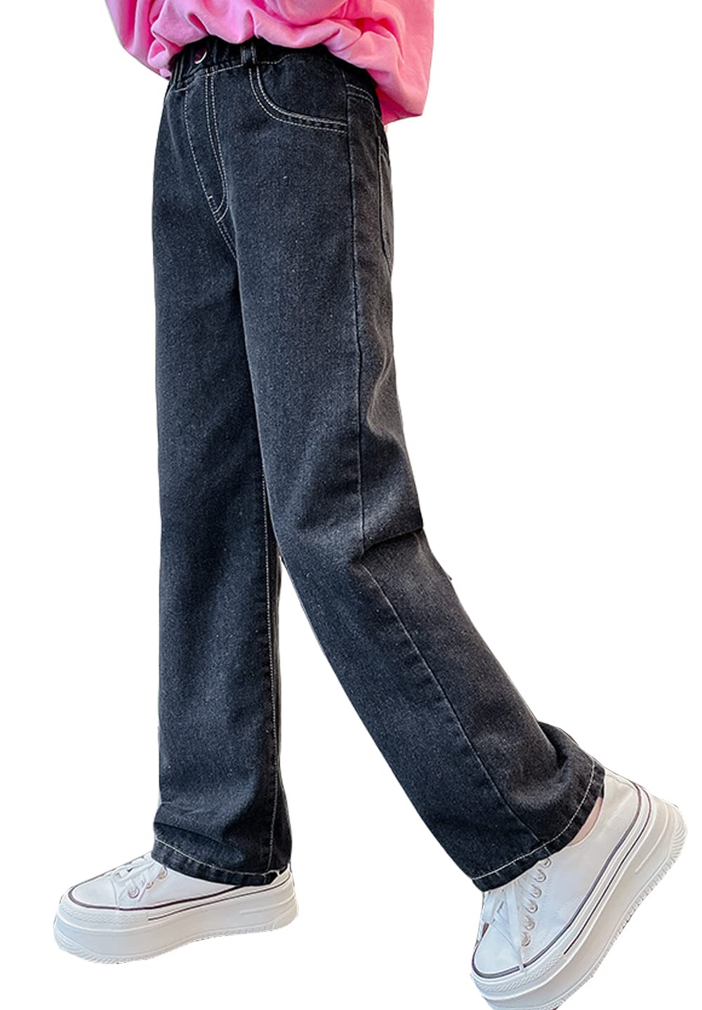 【送料無料】[RHOPEM] 女の子 ジーンズ ロングパンツ 子供 ワイドパンツ ズボン デニムパンツ ゆったり ウエストゴム おしゃれ 女児 通園 通学 普段着 オシャレ 春夏秋 110-170 色：ブラック、サイズ：170