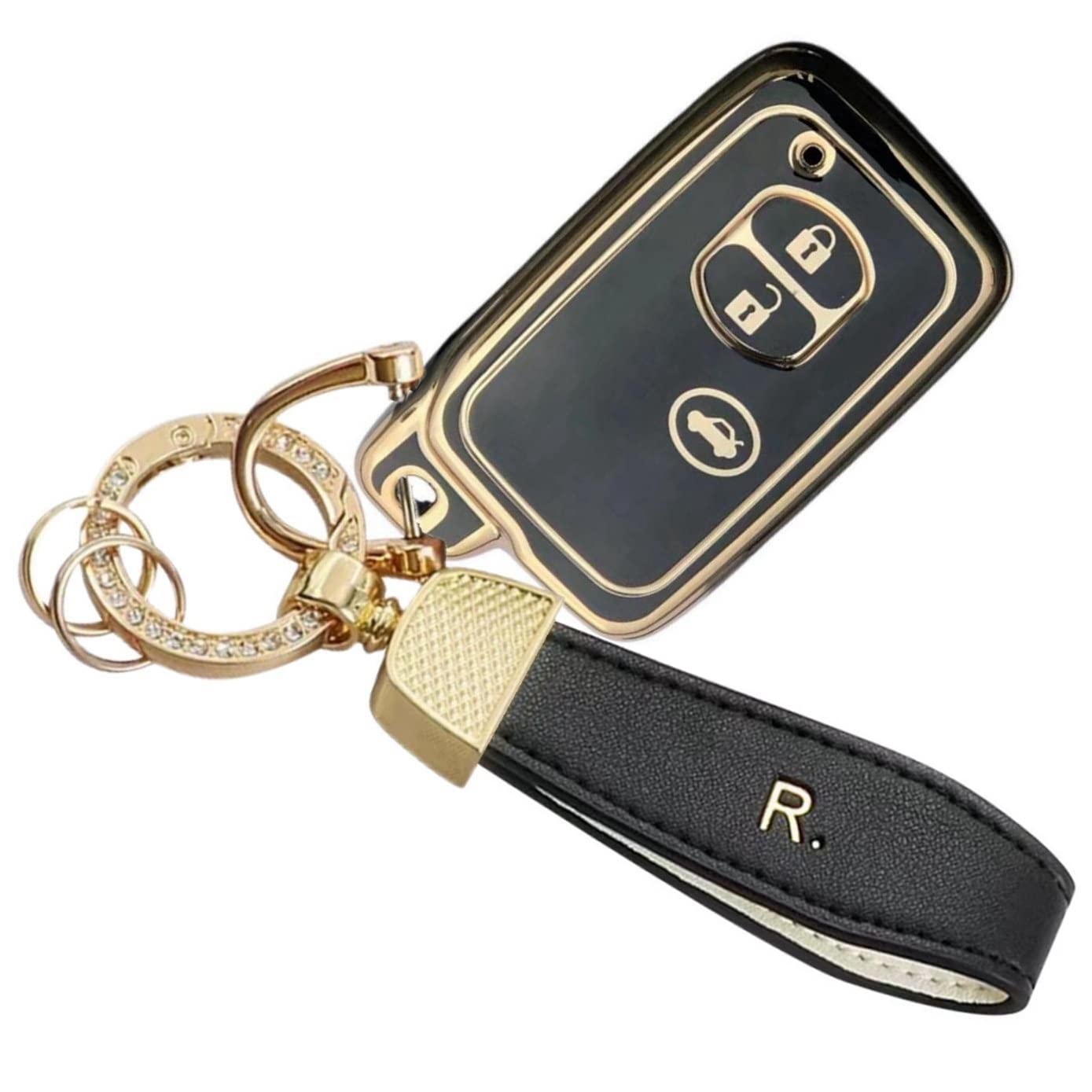 【送料無料】[YANMW] プリウスキーケース適合トヨタアクア ヴィッツ カローラ 86 キーホルダー IQ マークX クラウン SAI ウィッシュプリウスα キーカバー 色：ゴールドブラック、サイズ：キーケース