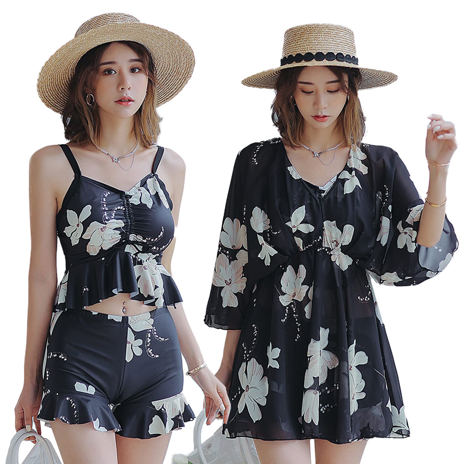 【送料無料】[PORIN] レディース 水着 体型カバー 3点セット 大きいサイズ ブラウス タンキニ 着痩せ 女性水着 大人 スポーティー スイムドレス ショートパンツ プール 温泉 ビーチ 砂遊び 旅行 かわいい セクシー 日焼け止め 露出控 色：ブラック 花柄、サイズ：3L-2XL