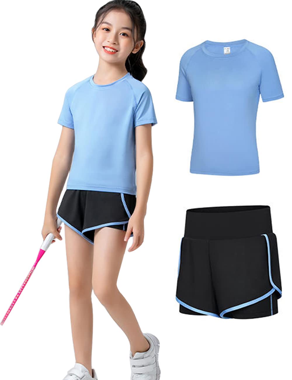 【送料無料】[MIIFIT] 子供 ジャージ 上下セット 女の子 男の子 子供服 半袖tシャツ ショートパンツ スポーツウェア 小学生 ジュニア ガールス ヨガウェア トレーニングウェア ランニングウェア 運動着 テニス 卓球 衣装 春 夏 秋 色：あおい-2点セットA、サイズ：160