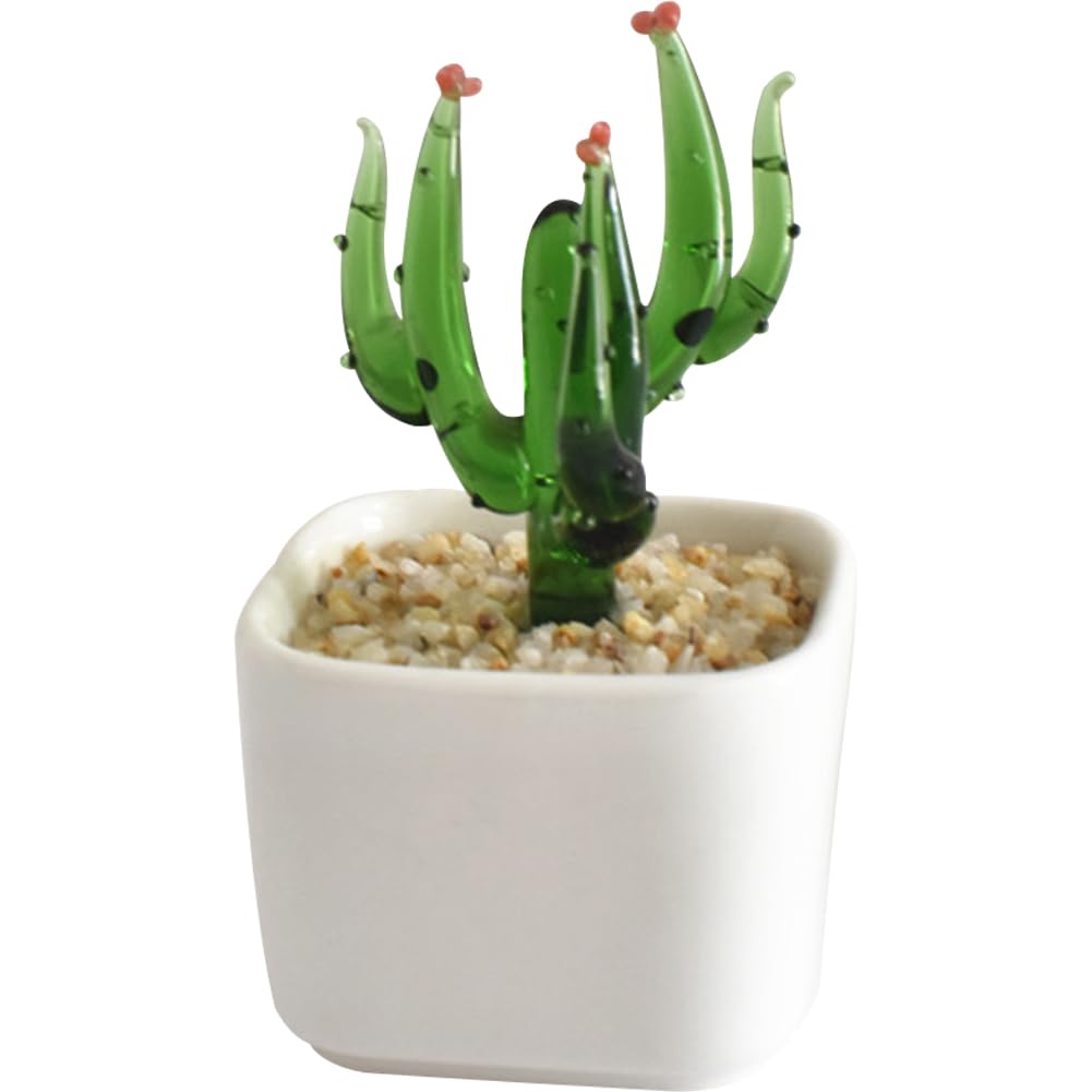 【送料無料】HIGHAWK るり製 工芸品 装飾 飾り物 オブジェ 小物 鉢植え インテリア 置物 人工植物 ミニ植木鉢 オーナメント 手作り 玄関 机 テーブル ガラスアート 色：柱型のサボテン・Mサイズ