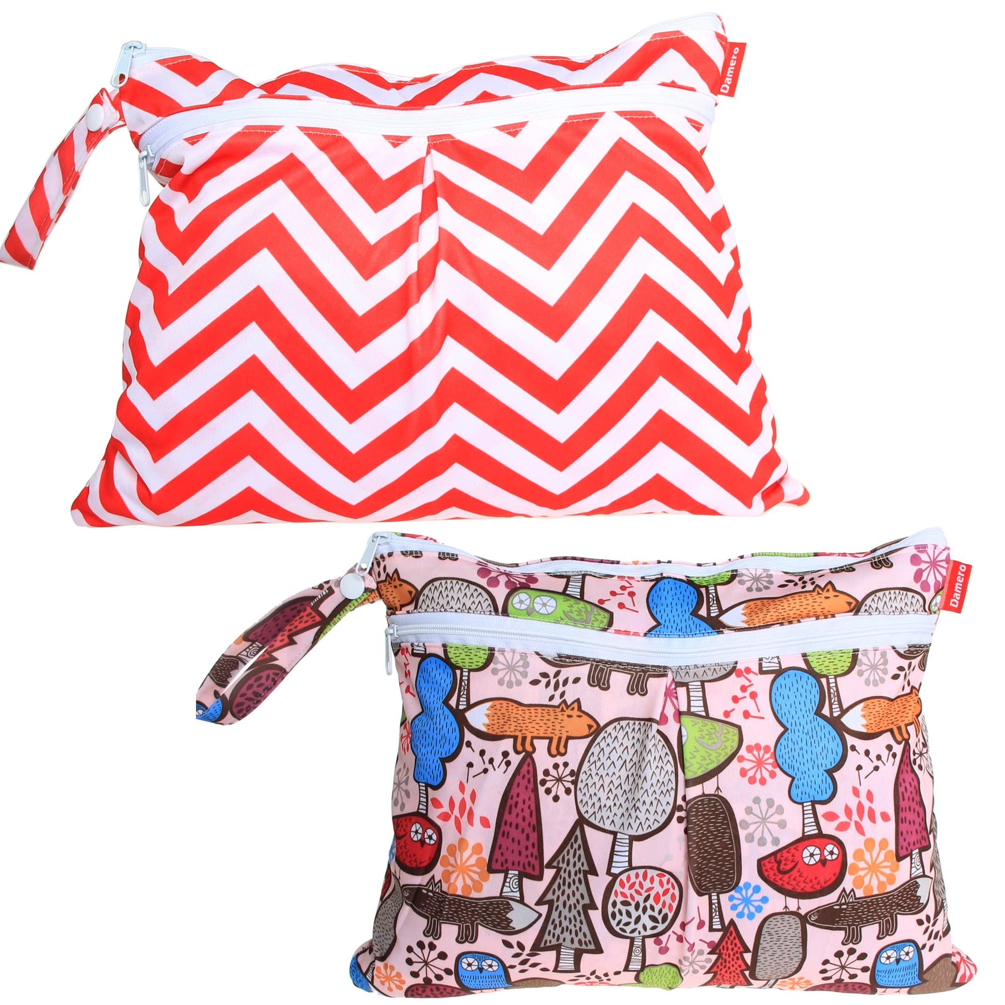 【送料無料】Damero ウェットバック(防水バッグ) 2点セット 着替え・オムツ・タオル・水着・お風呂用品・食事セット マルチ収納 スポーツジム プール 温泉 公園 大活躍 色：木＋赤い波、サイズ：Small
