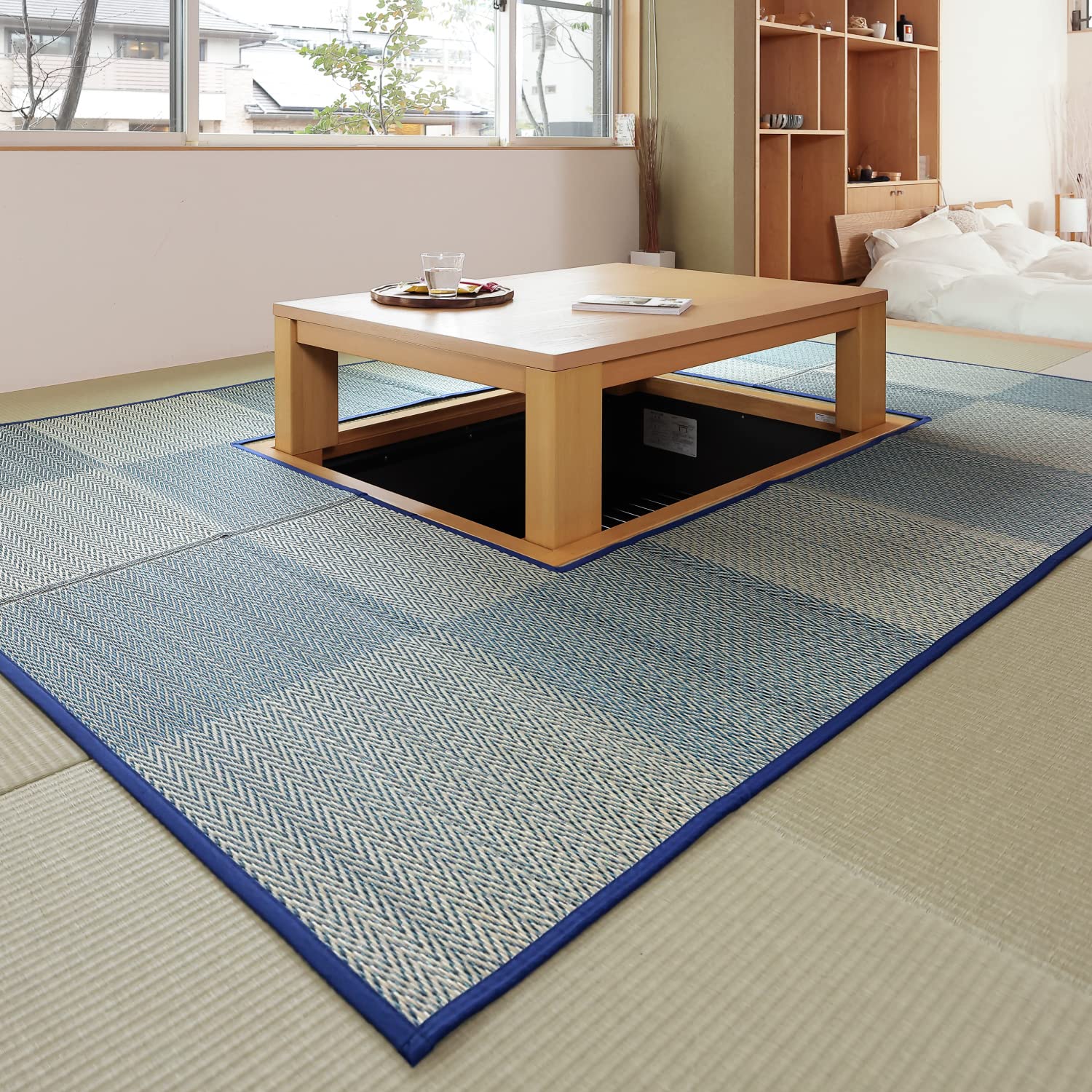 【送料無料】萩原 掘りごたつ対応い草ラグ 色：ブルー、サイズ：240 x 240 cm (正方形)