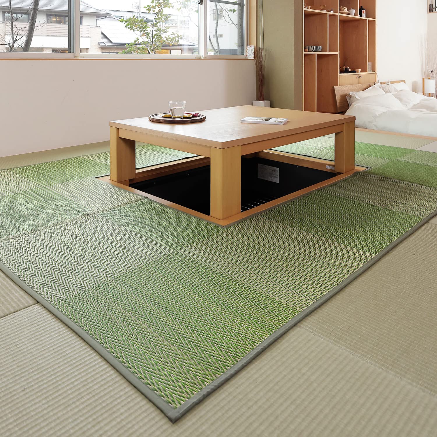 【送料無料】萩原 掘りごたつ対応い草ラグ 色：グリーン、サイズ：240 x 240 cm (正方形)
